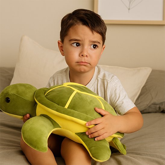 Tortue peluche douceur avec petit garcon