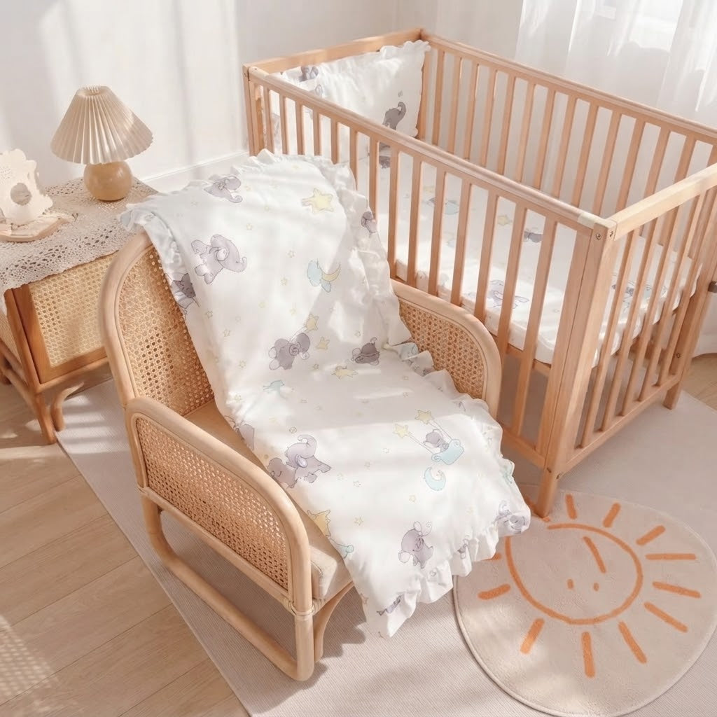 tour de lit bébé posé sur une chaise dans sa chambre