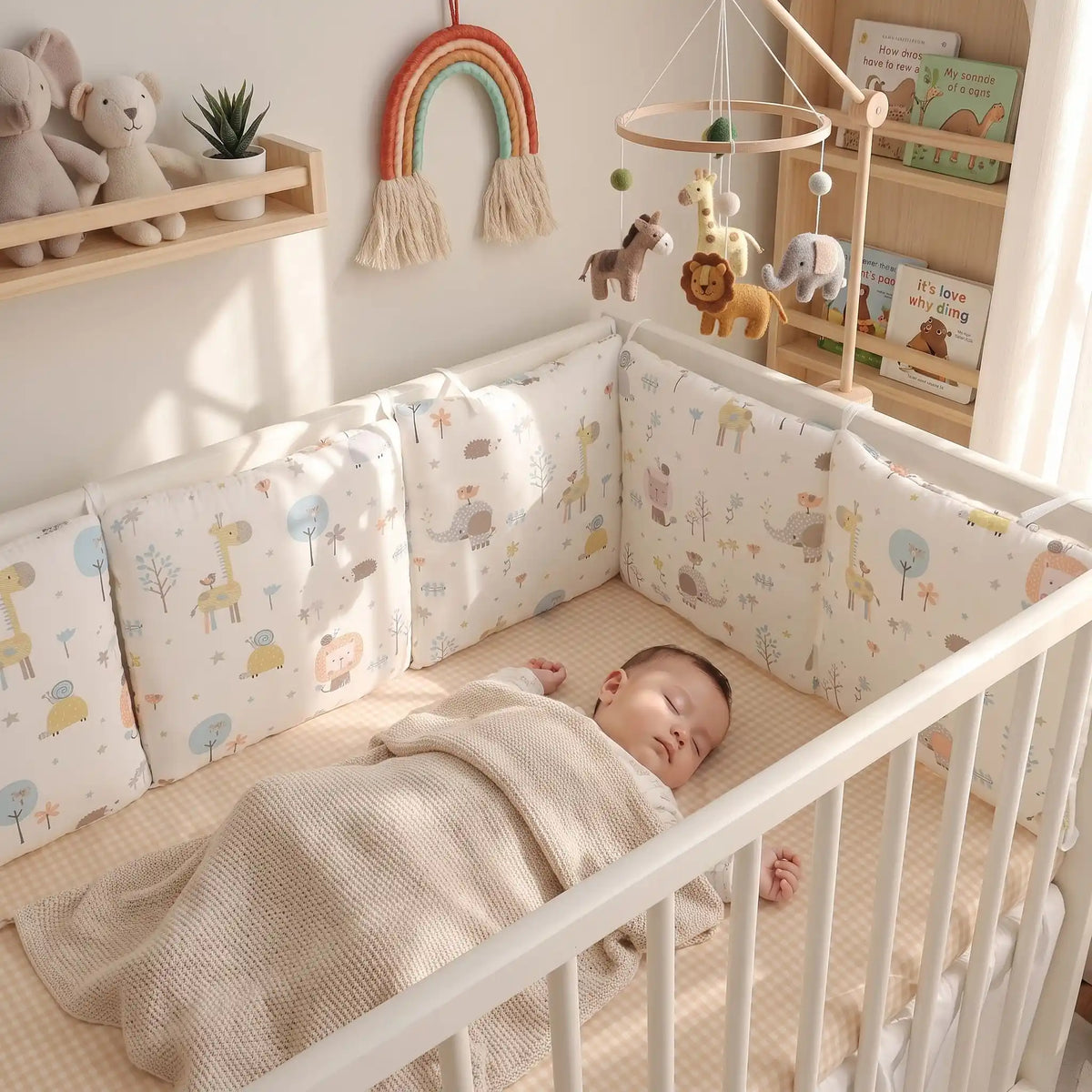 bébe dort dans son lit avec tour de lit protecteur