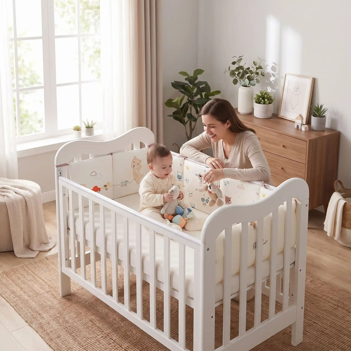 tour de lit bebe protege bebe qui joue avec maman