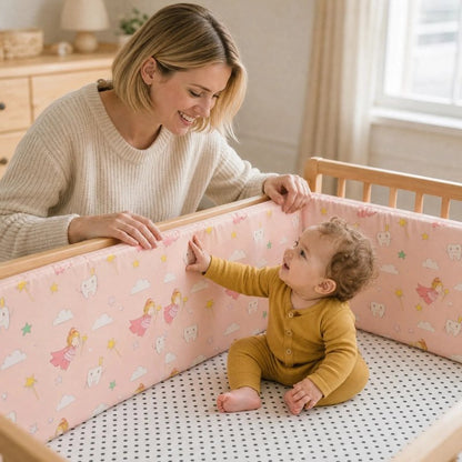 Tour de lit bébé rose avec maman et bébé qui sourit