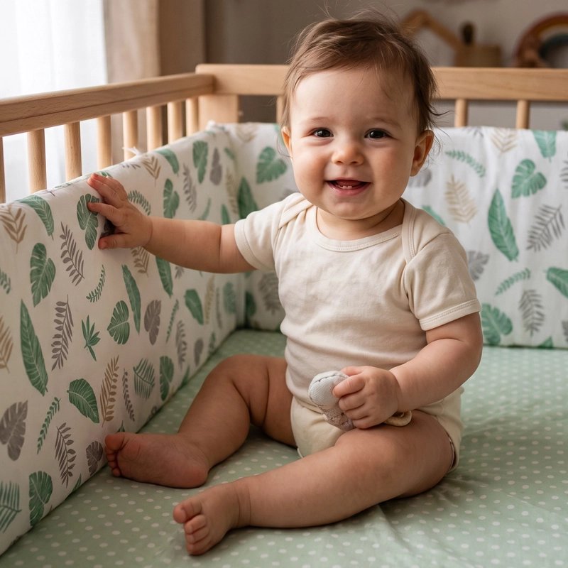 Tour de lit bébé vert prtaégeant bébé qui joue en sécurité