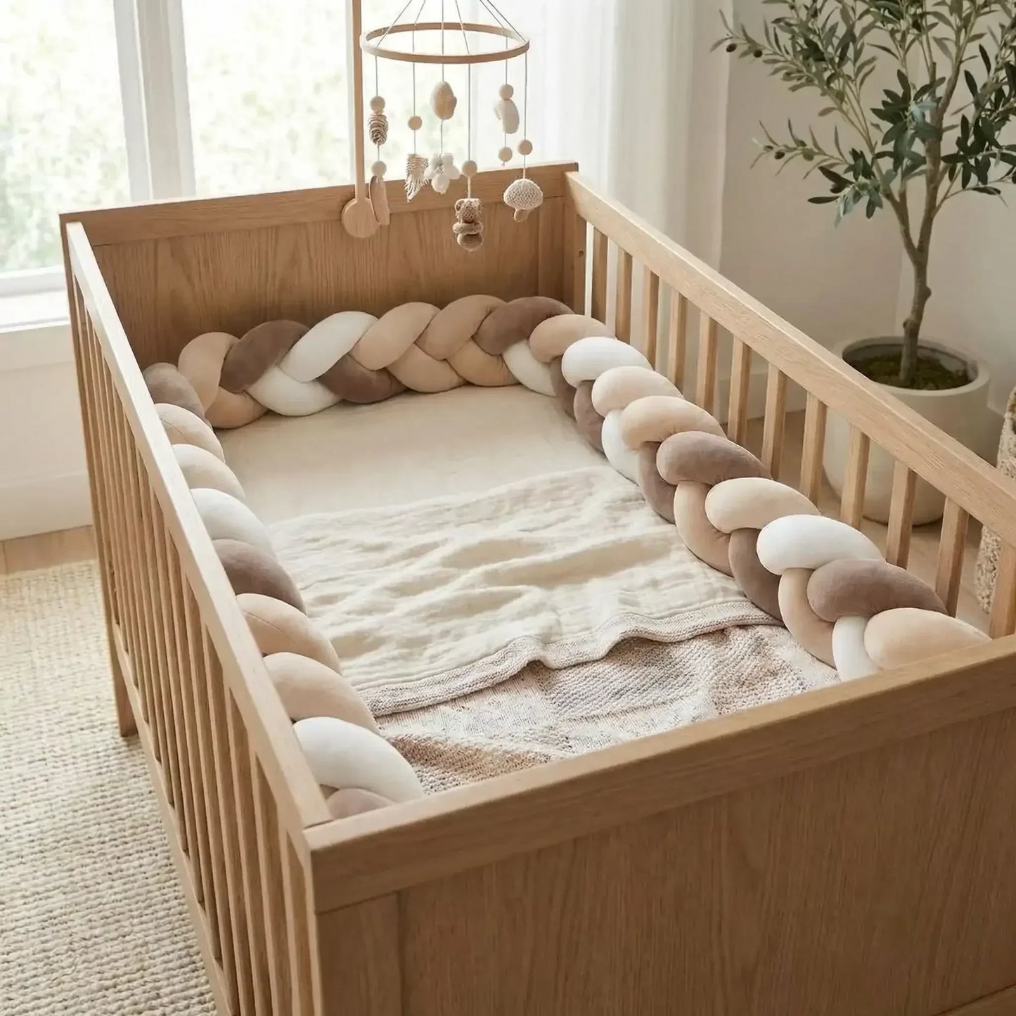 Tour de lit tressé beige et brun sécurisé dans un lit bébé en bois, déco apaisante.