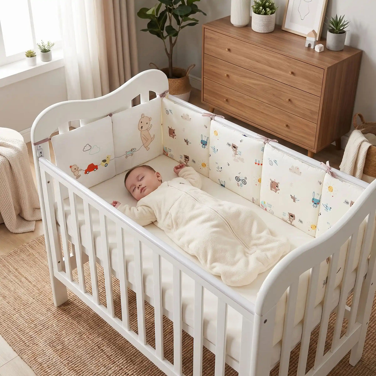 tour de lit clair mixte avec bebe qui dort
