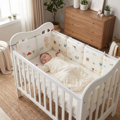 tour de lit clair mixte avec bebe qui dort