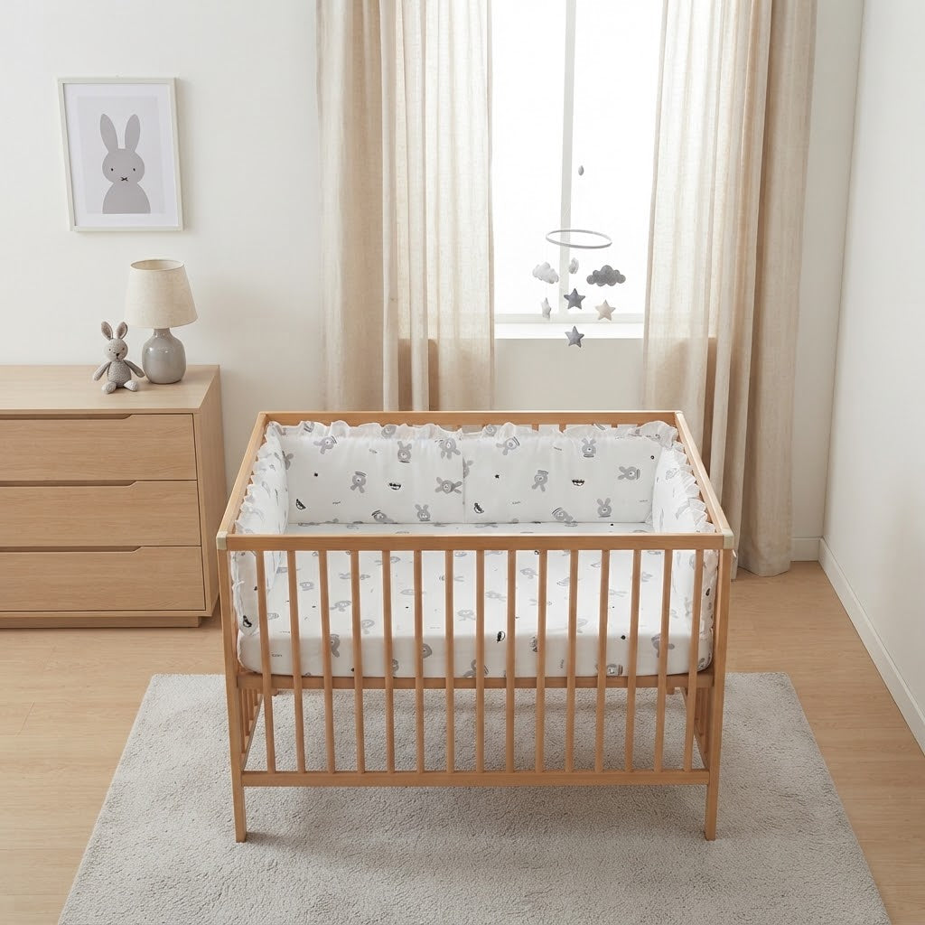 lit en bois bébé avec pare choc blanc et gris dans chambre de garcon