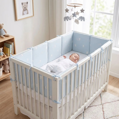 bébé dort dans son lit avec son tour de lit bleu qui le protege