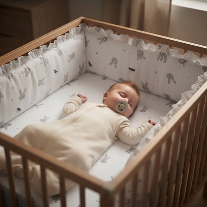 bébé avec sa tétine qui dort dans son lit avec son tour de lit protecteur