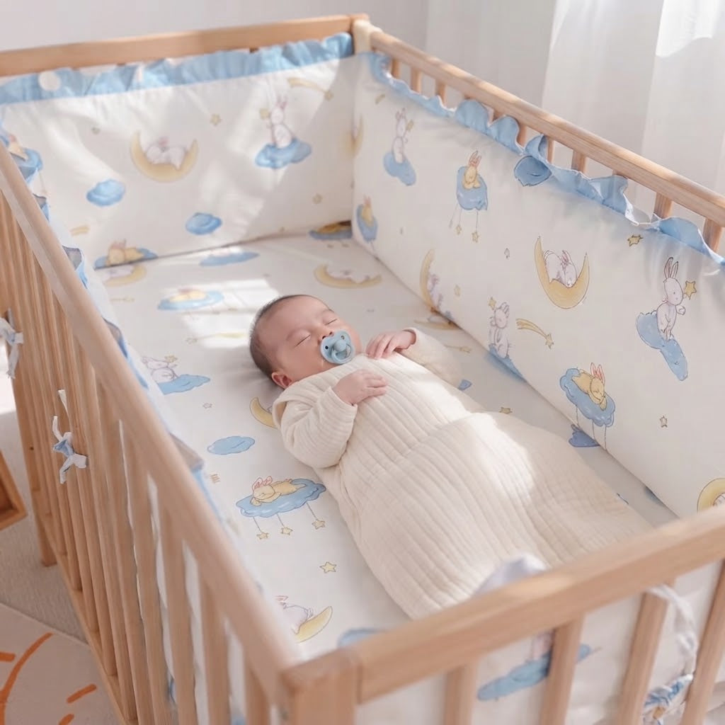bébé avec sa gigoteuse et sa tetine qui dort dans son lit