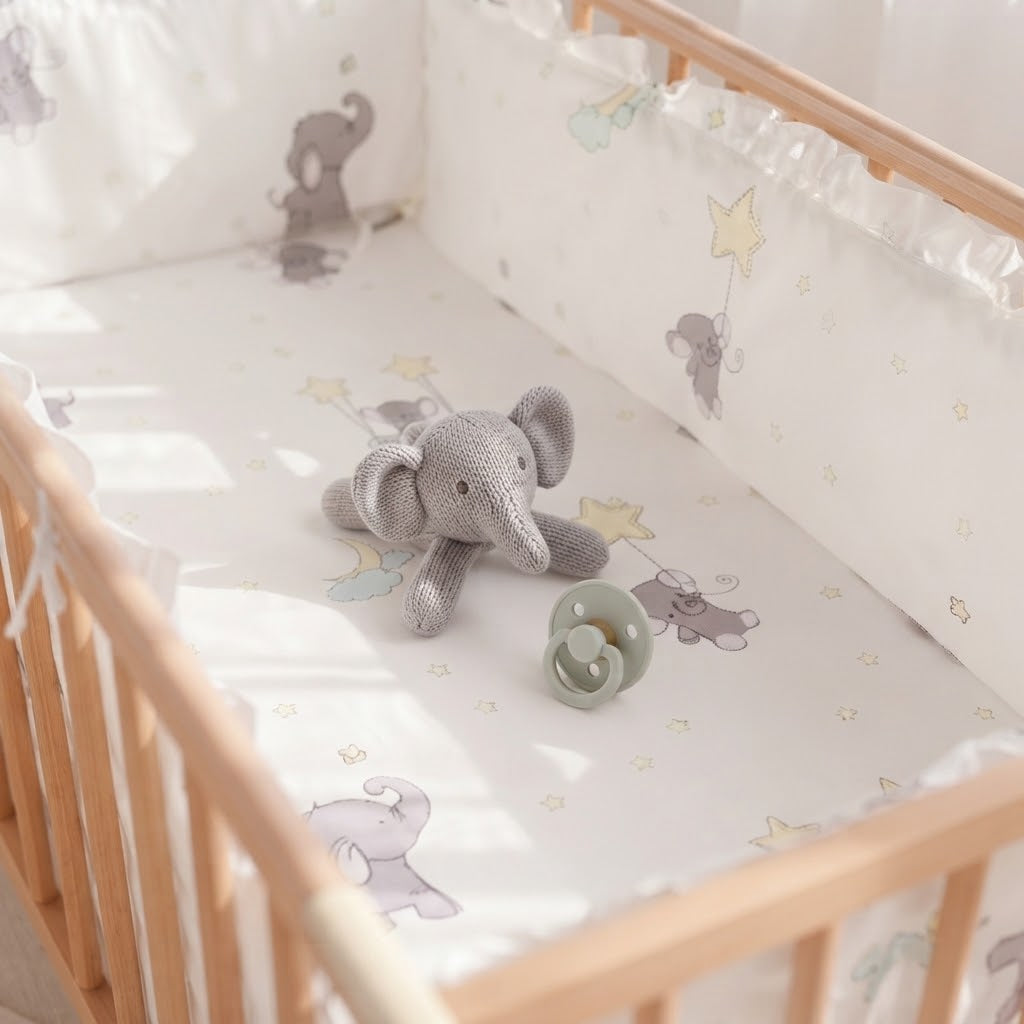 doudou elephant avec tetine dans le lit de bébé  avec contour de lit dessin éléphant