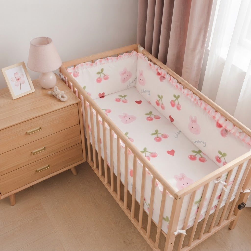 chambre avec commode et lit bébé avec pare choc rose 