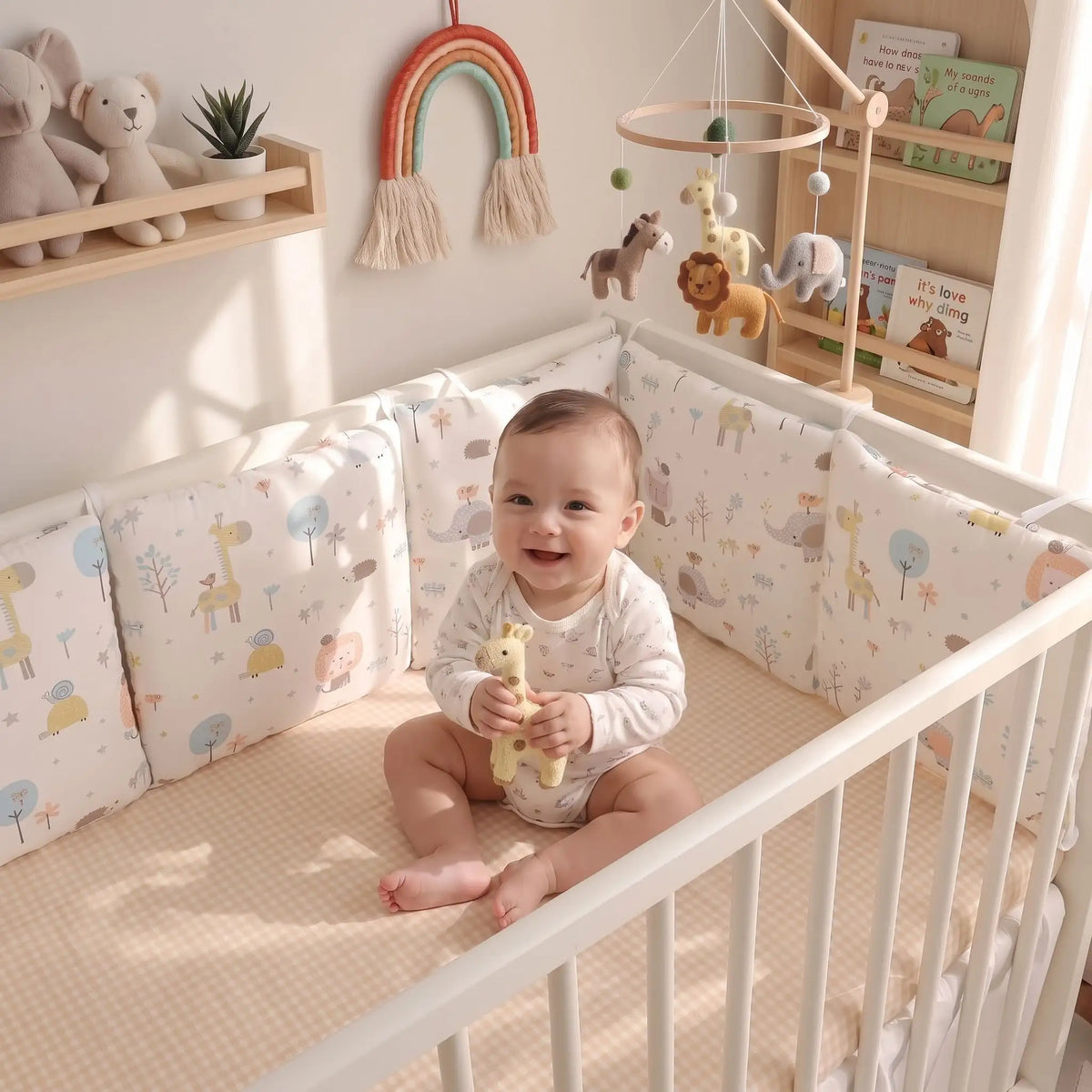 bébé assis avec son doudou girafe dans on lit 