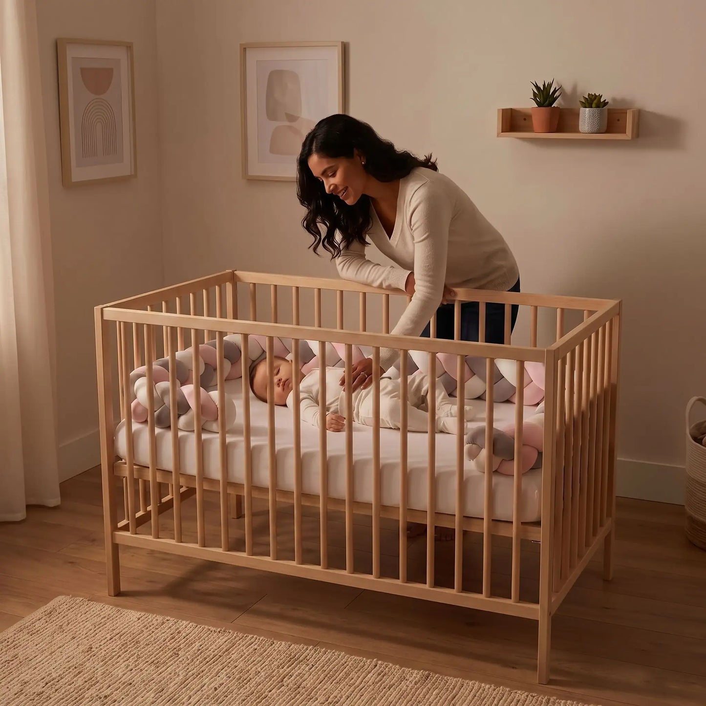 tour de lit tresse rose gris blanc avec bebe qui dort