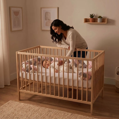tour de lit tresse rose gris blanc avec bebe qui dort