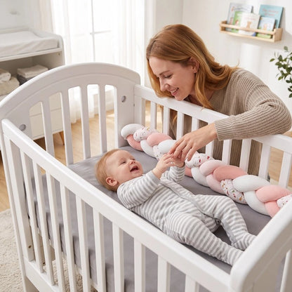 Tresse de lit autour de bébé qui joue avec sa maman 