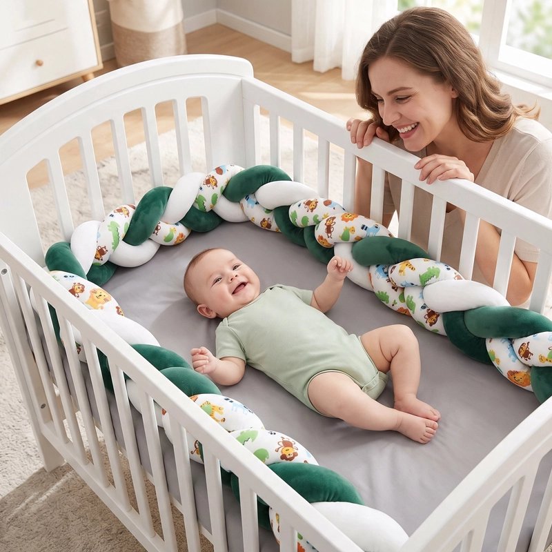 Tresse de lit bébé autour de bébé et maman  qui regarde 