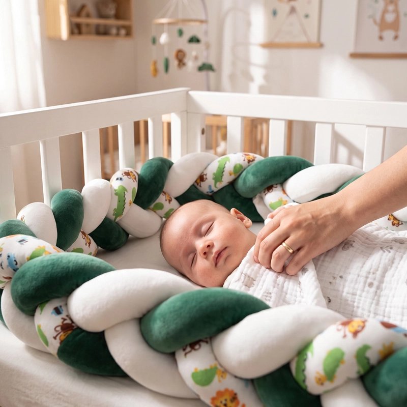 Tresse de lit bébé verte protège enfant qui dort