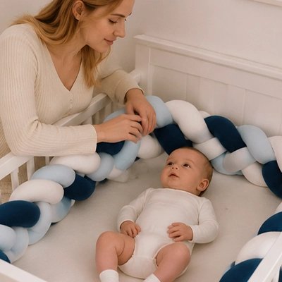 Tresse de lit bleu et blanc avec maman et bébé 