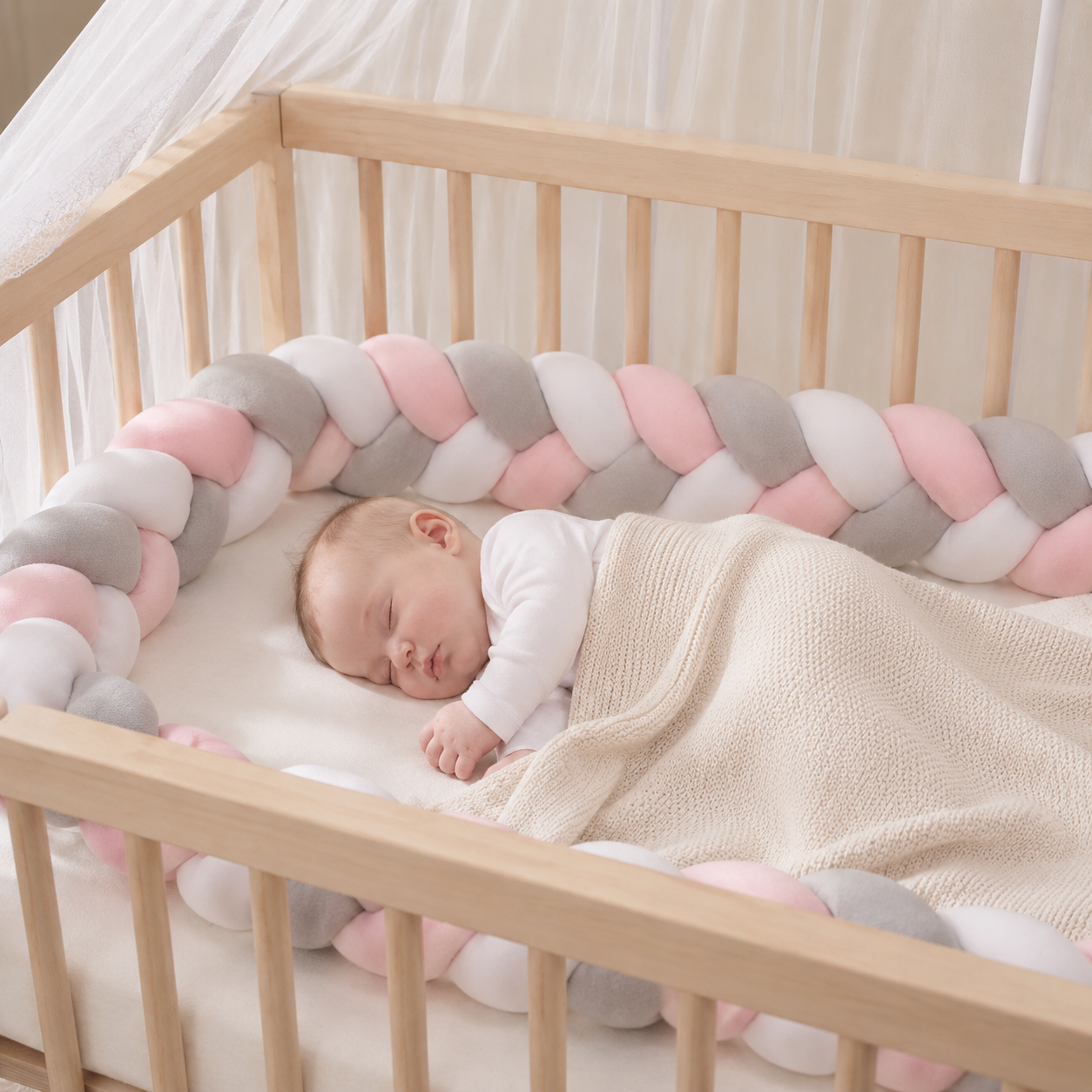 tresse de lit rose blanc grise protection bebe