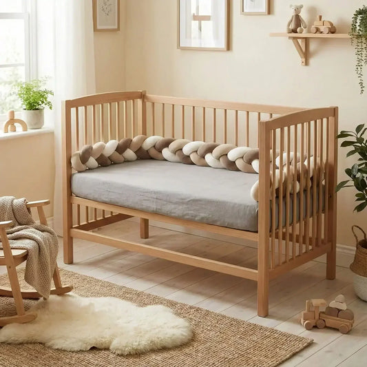 Tresse de lit bébé beige, brun et blanc dans un lit à barreaux en bois, chambre bébé cosy