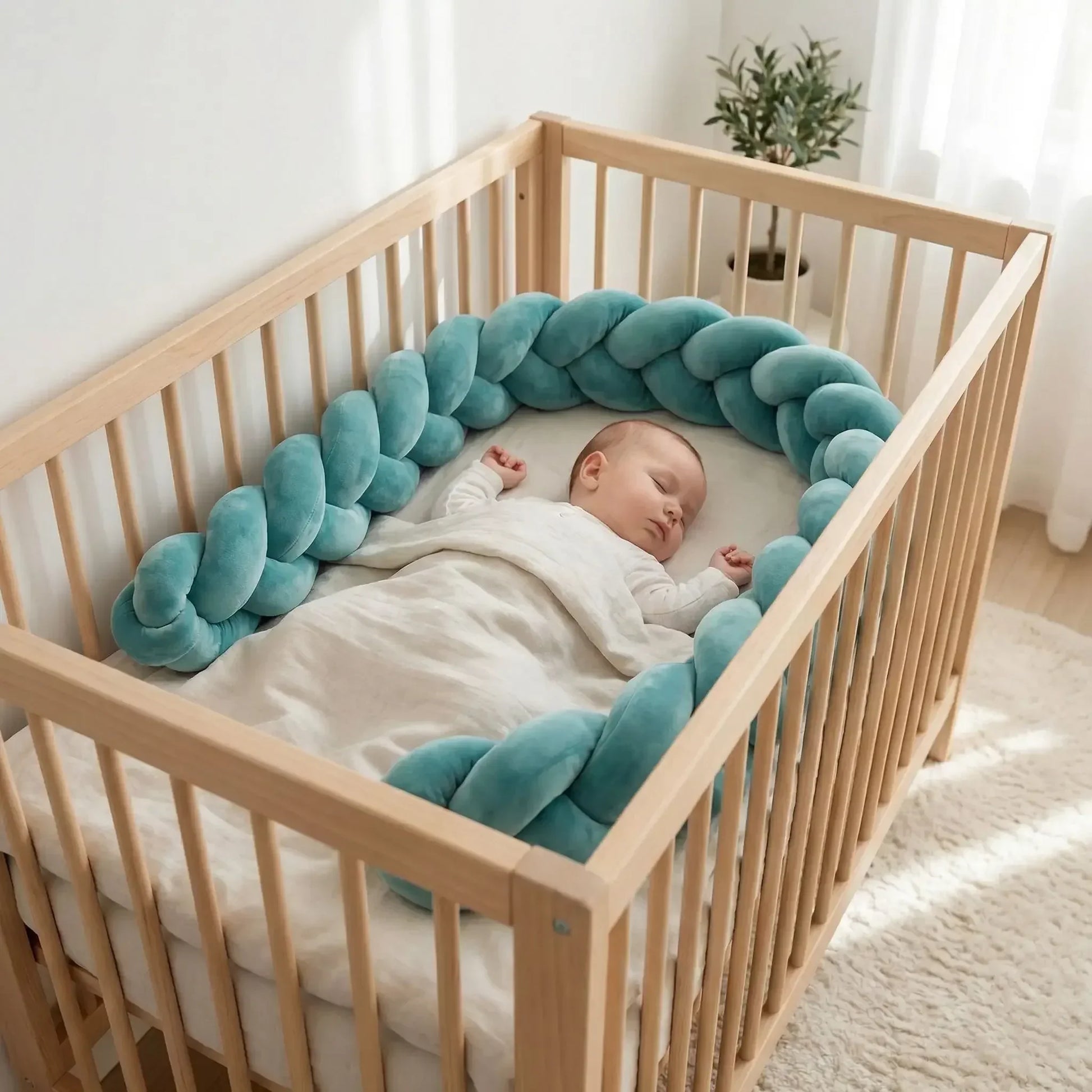 Bébé dormant dans un lit à barreaux avec tresse de lit bleu vert, ambiance douce, sécurité bébé