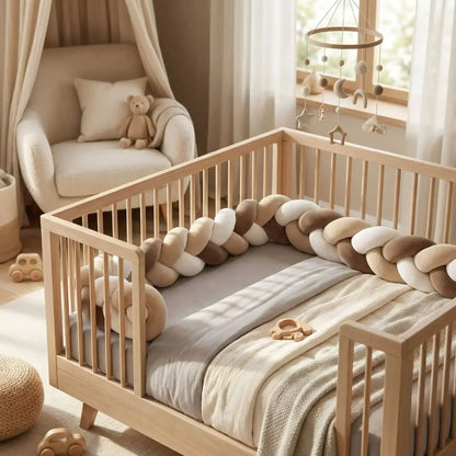 Tresse de lit bébé sécurisée brun beige et blanc dans un lit à barreaux en bois, chambre douce