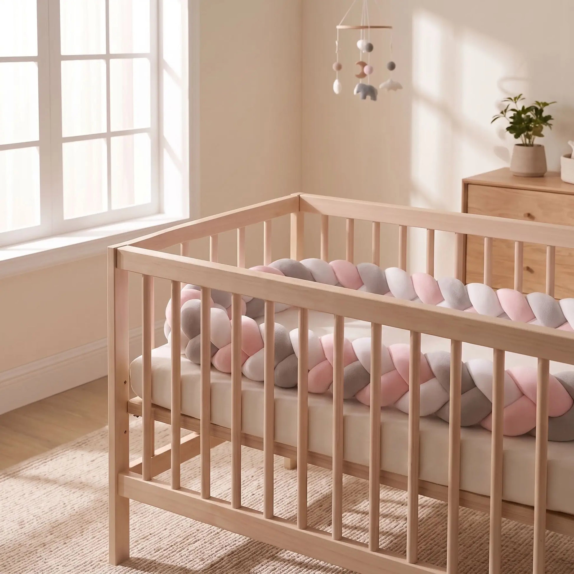 tresse de  lit rose gris blanc autour du lit enfant