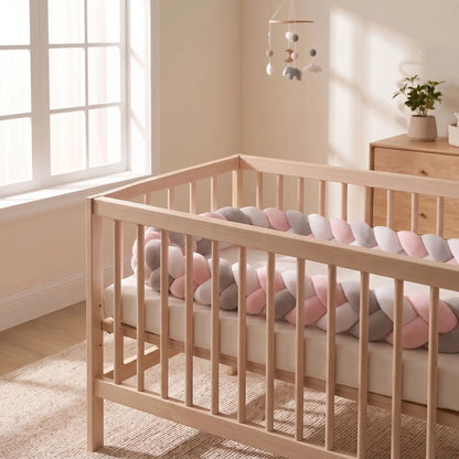 tresse de  lit rose gris blanc autour du lit enfant