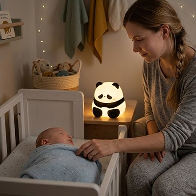 Veilleuse bébé allumé à coté de bébé qui dort et maman le regarde rassurée