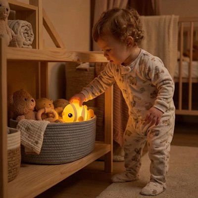 Veilleuse bébé allumée avec bébé qui joue dans sa chambre