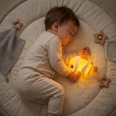 Veilleuse bébé allumée dans le lit avec bébé qui dort