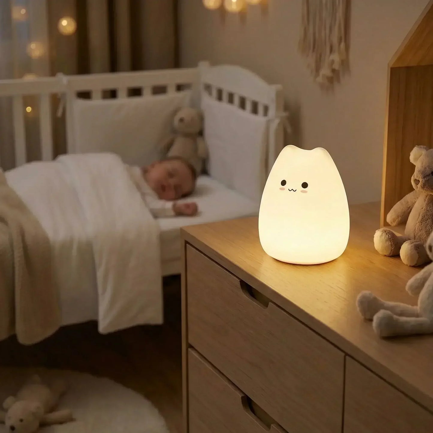 Veilleuse bébé chat émettant une lumière douce, posée dans une chambre avec lit bébé