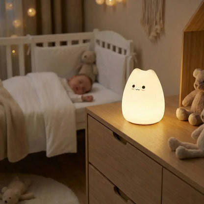 Veilleuse bébé chat émettant une lumière douce, posée dans une chambre avec lit bébé