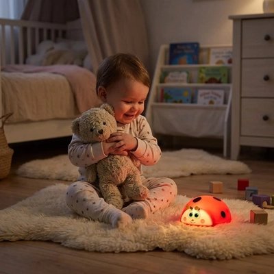 Veilleuse bébé coccinelle rouge allumée