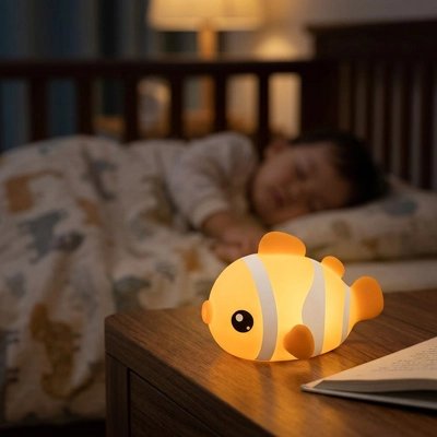 Veilleuse bébé poisson allumée dans la chambre de bébé