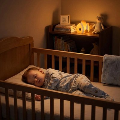 Veilleuse bébé poisson allumée et bébé qui dort dans son lit