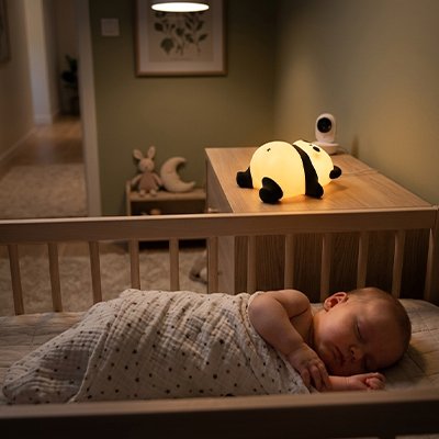 Veilleuse bébé pres de bébé qui dort rassuré seul dans son lit