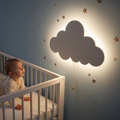 Veilleuse murale allumée et bébé qui regarde la veilleuse sur le mur