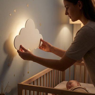 Veilleuse murale fixé par maman au dessus du lit de bébé
